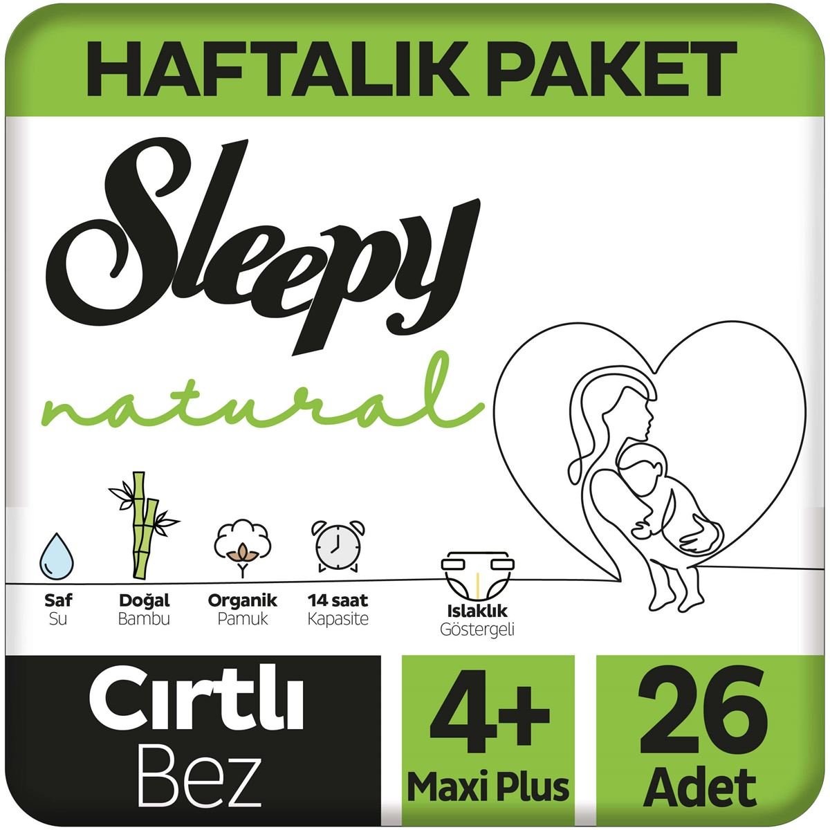 Sleepy Natural Haftalık Paket Bebek Bezi 4+ Numara Maxi Plus 26 Adet 9-16 Kg