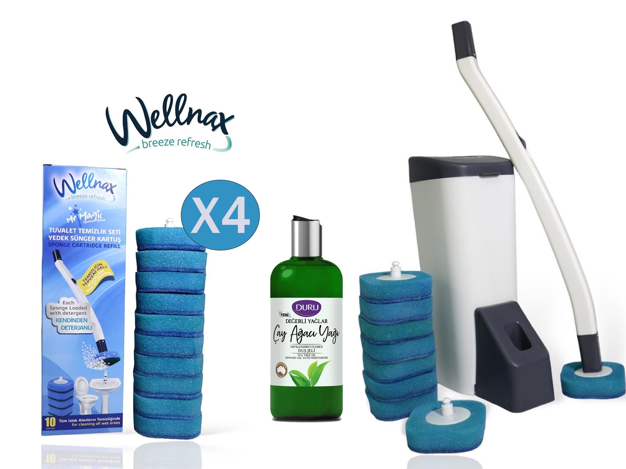 WELLNAX SÜNGERLİ TUVALET TEMİZLİK SETİ 40 ADET YEDEK BAŞLIK+ DURU ÇAY AĞACI DUŞ JELİ
