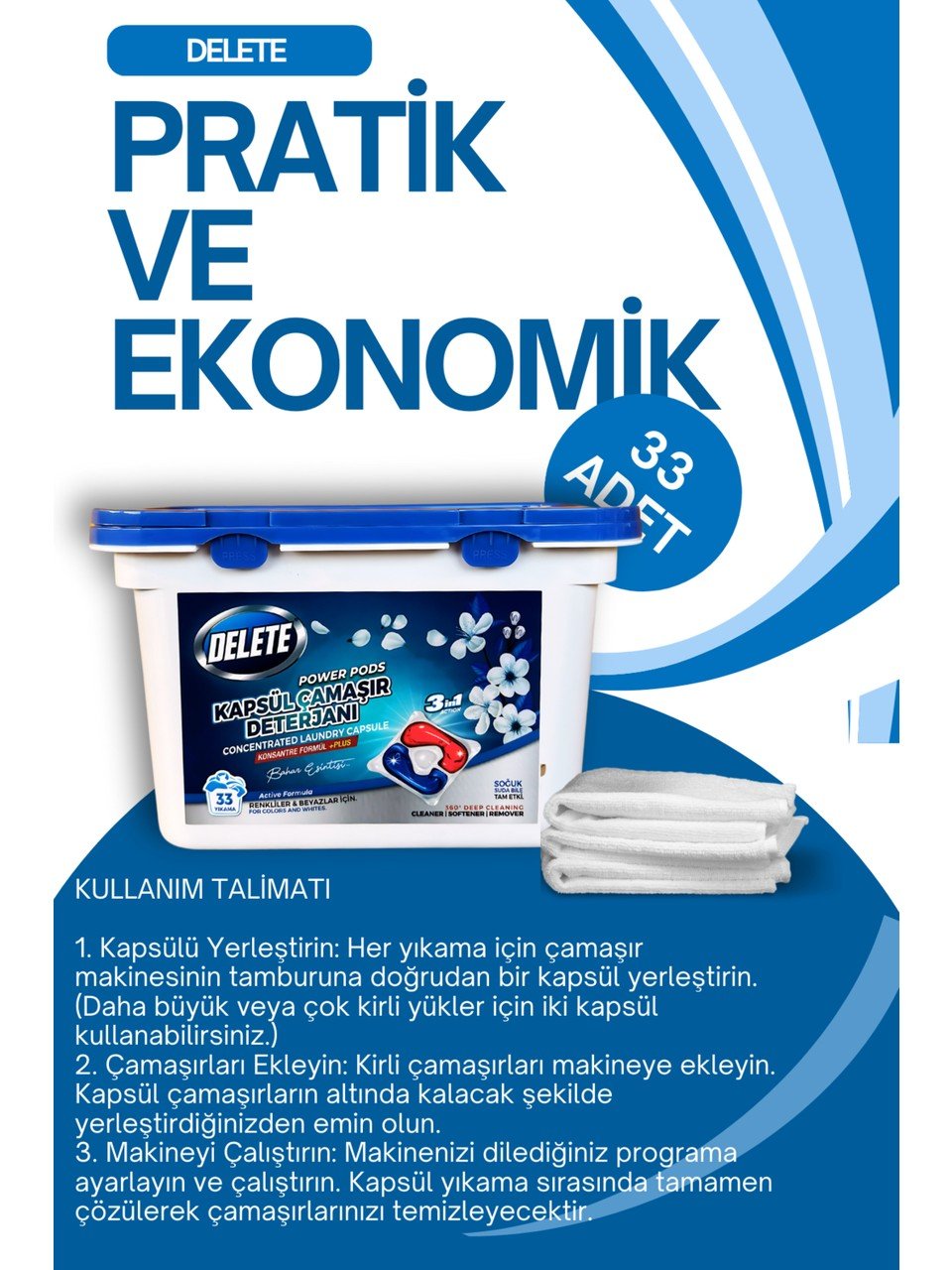 Delete Çamaşır Makinesi Deterjanı Hepsi Bir Arada Kapsülü 33 Yıkama Beyazlar ve Renkliler (3in1)