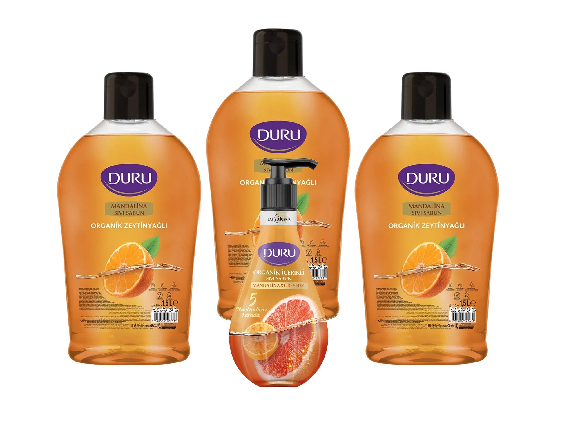 Duru Organik İçerikli Mandalina Sıvı Sabun 1500 3 adet +1 adet 500 ML Mandalina & Greyfurt Sıvı Sabun
