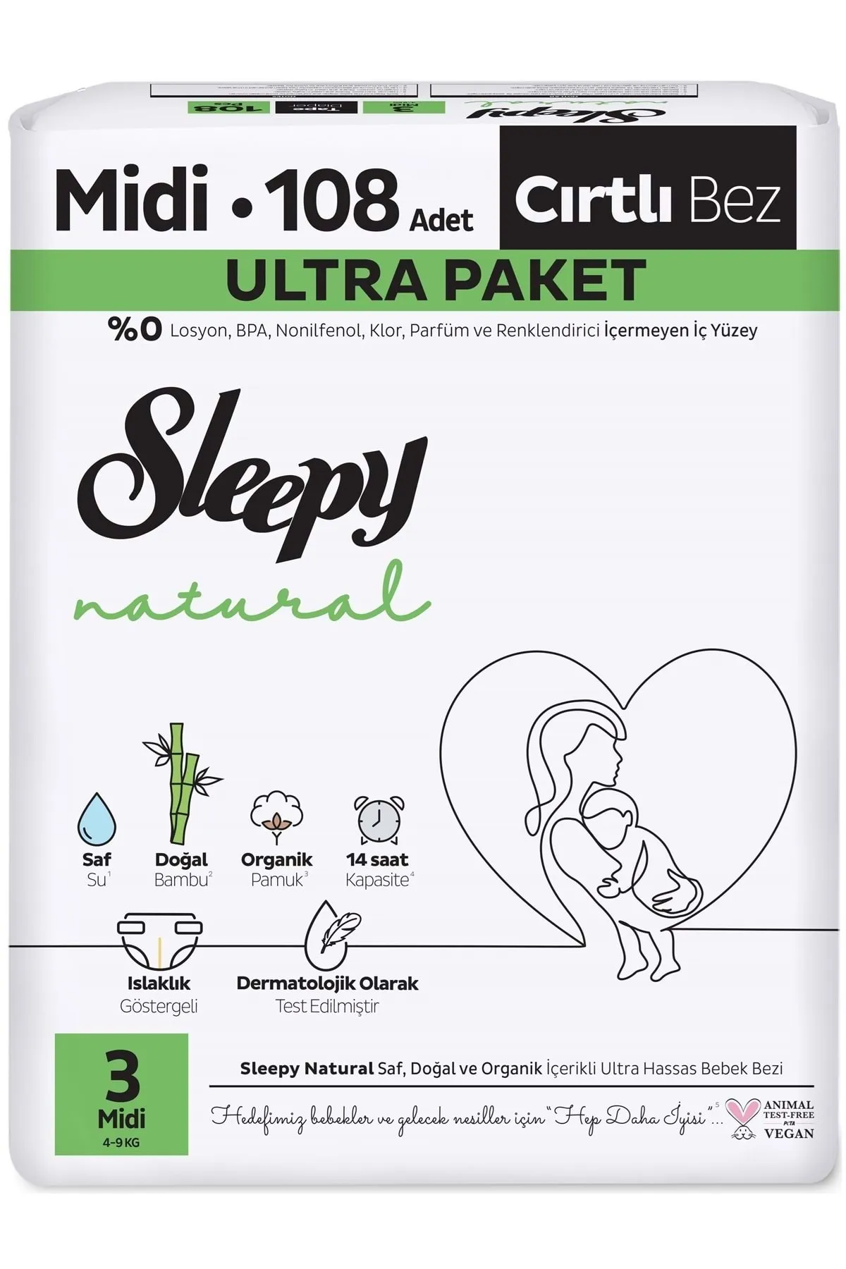 Sleepy Bebek Bezi Natural Beden:3 (4-9KG) Midi 108 Adet Ultra Pk