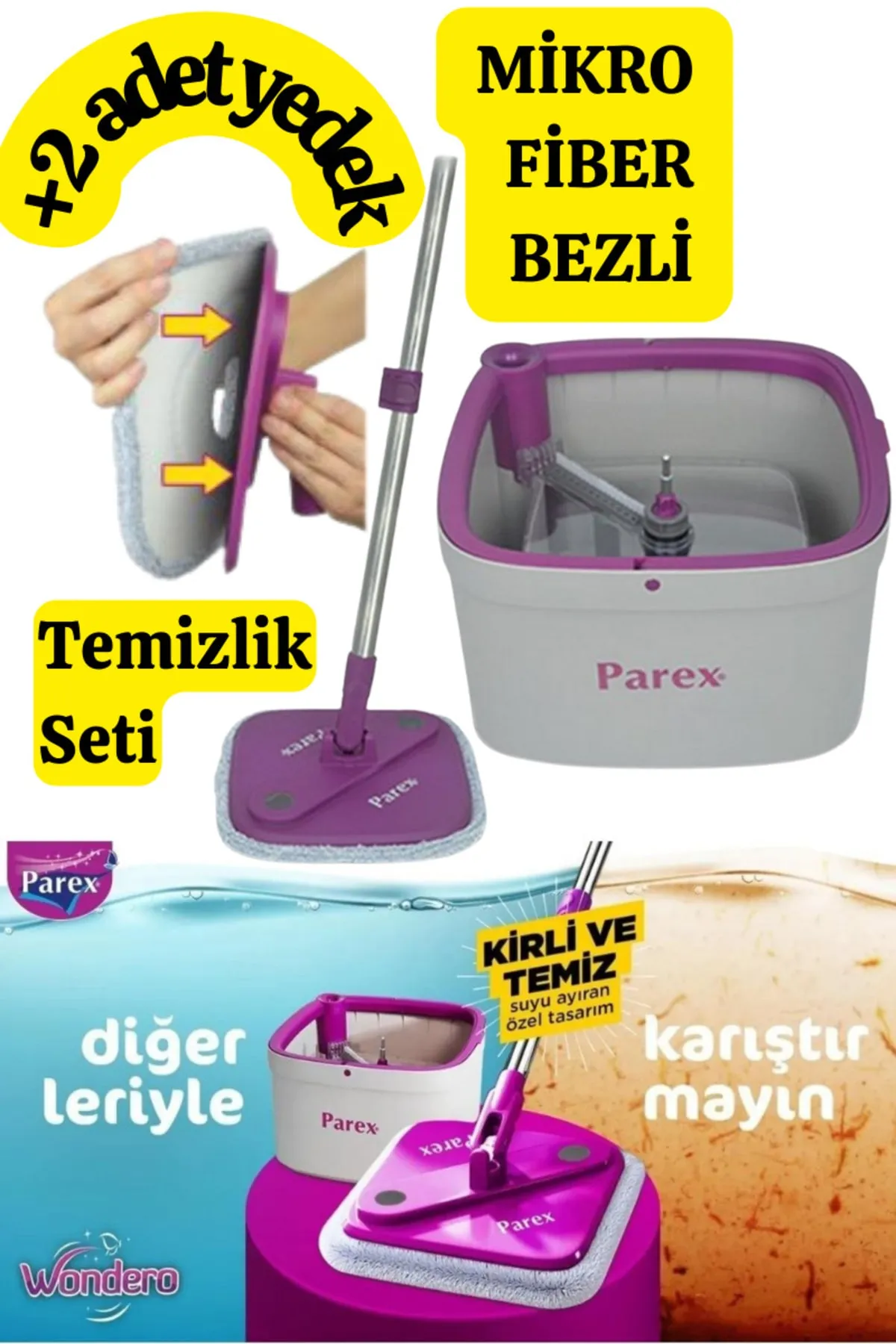 Parex Wondero +2 Yedek Moplu Bezli Temiz Su İle Kirli SuyuAyıran Otomatik Temizlik Seti