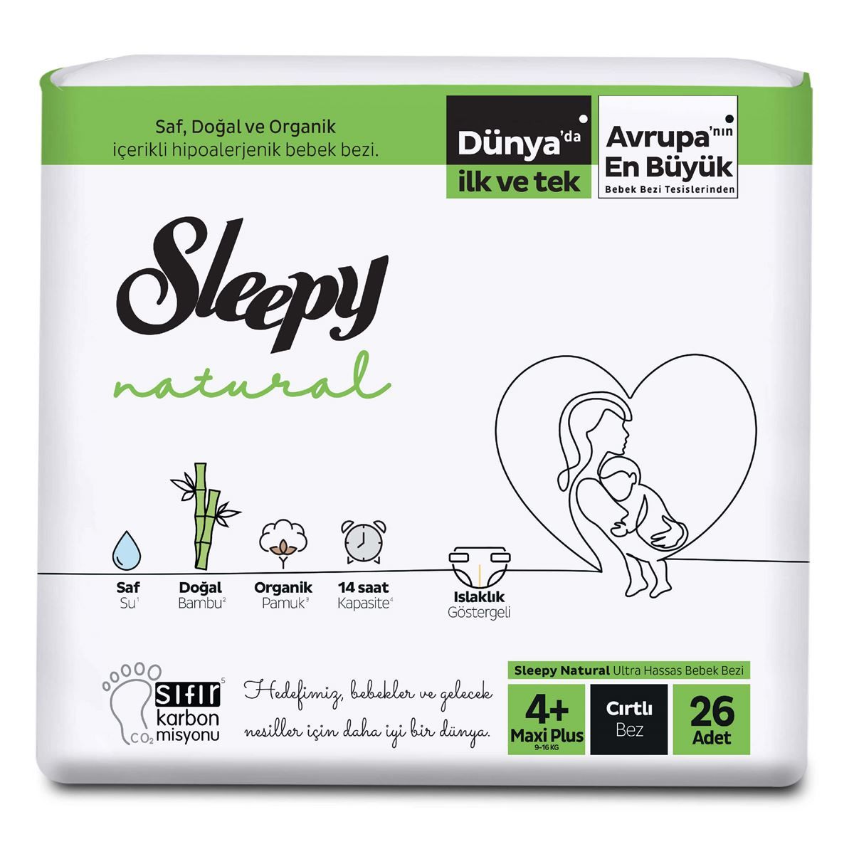 Sleepy Natural Haftalık Paket Bebek Bezi 4+ Numara Maxi Plus 26 Adet 9-16 Kg