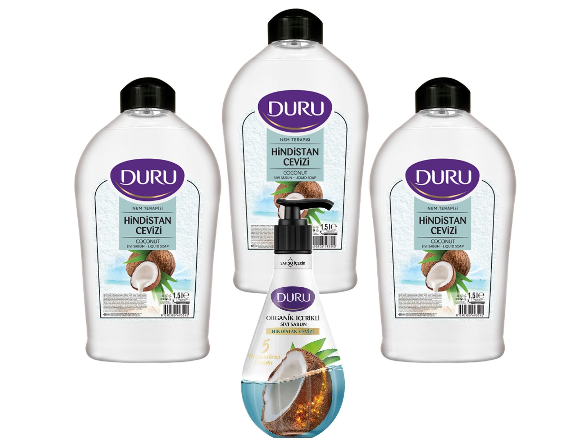Duru Sıvı Sabun Nem Terapisi Hindistan Cevizli 1.5 lt 3 Adet +  500 ML 1 adet