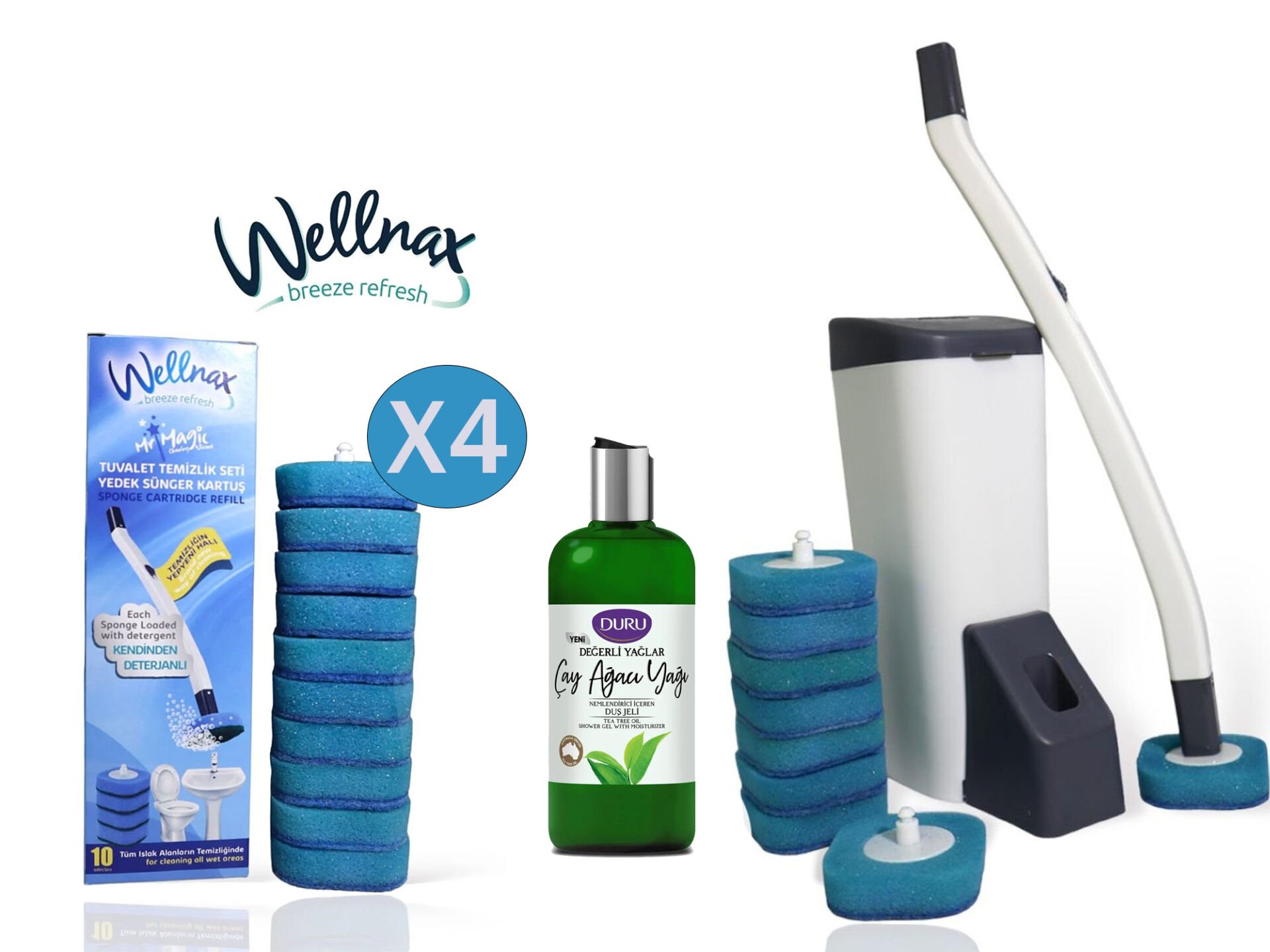 WELLNAX SÜNGERLİ TUVALET TEMİZLİK SETİ 40 ADET YEDEK BAŞLIK+ DURU ÇAY AĞACI DUŞ JELİ