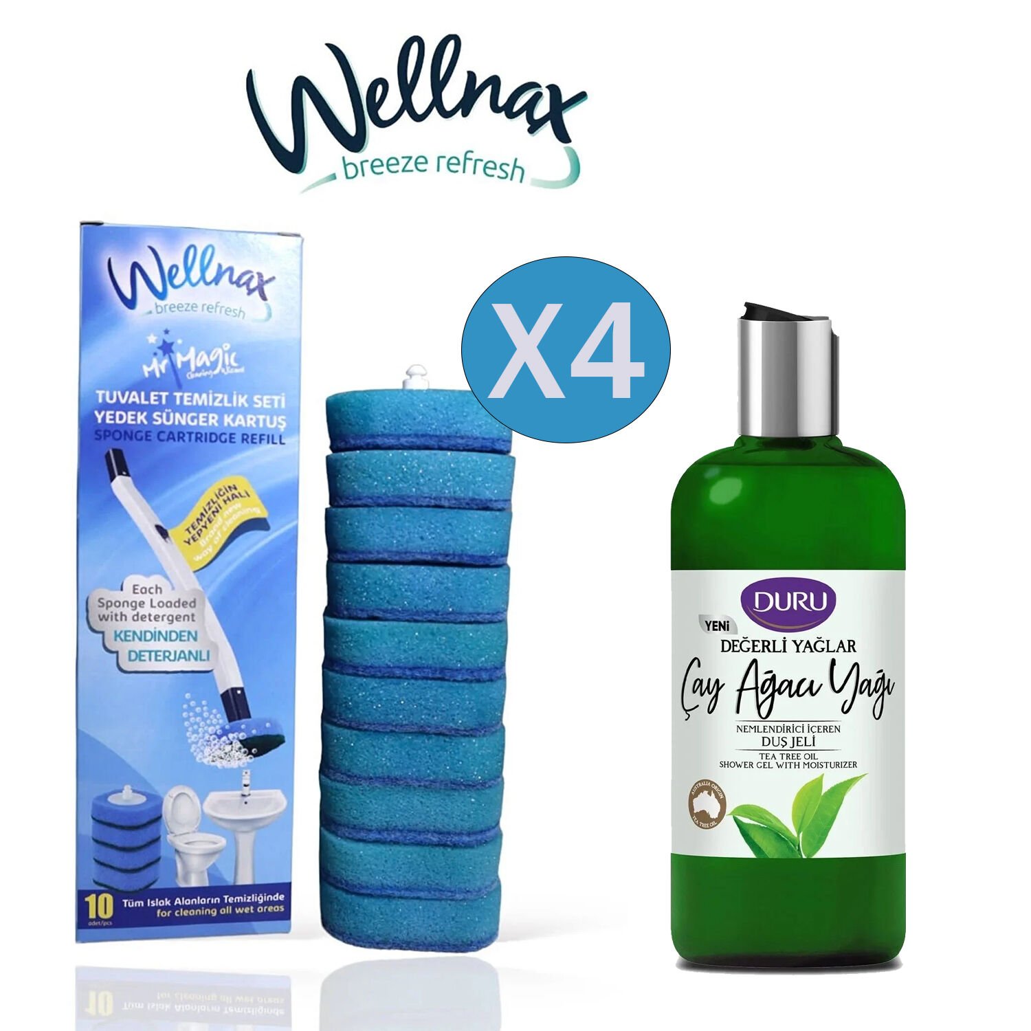 WELLNAX SÜNGERLİ TUVALET TEMİZLİK 40 ADET YEDEK BAŞLIK+ DURU ÇAY AĞACI DUŞ JELİ