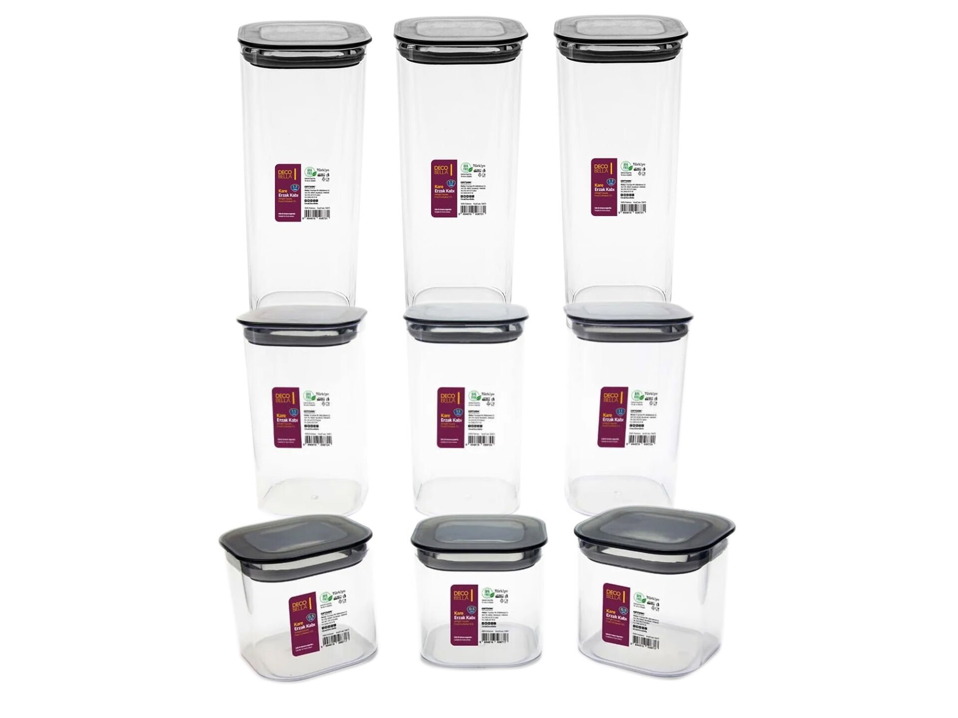 Decobella 9 'lu  Kare Erzak Kabı Seti ( 0.5 Lt.,  1.1 Lt. , 1.7 Lt. )