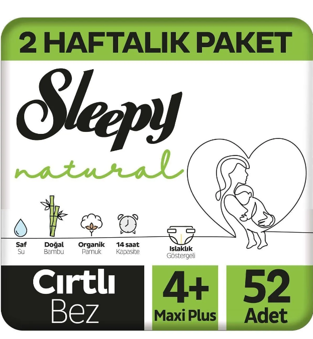 Sleepy Natural 2 Haftalık Paket Bebek Bezi 4+ Numara Maxi Plus 52 Adet